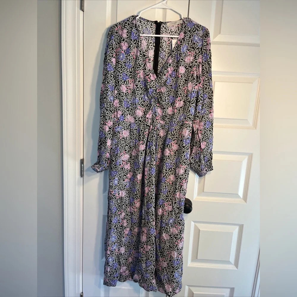LOFT Black Long-Sleeve Midi Dress with Pink and Blue Floral Print
